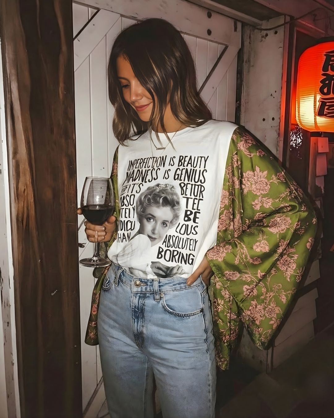 Marilyn Never Boring Silk Rose Kimono Tee