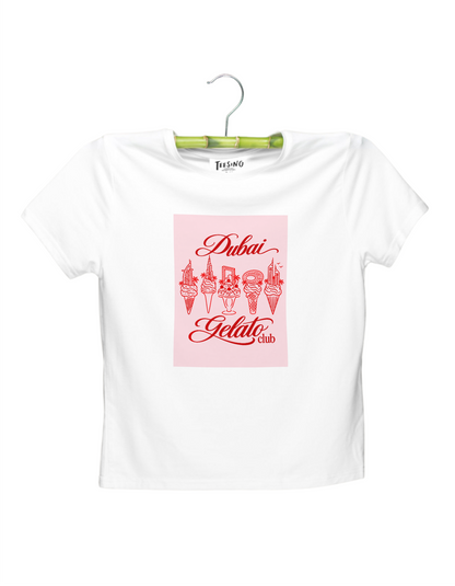 Dubai Gelato Club white bamboo crop top by Teesing, pink print of Dubai landmarks as ice cream cones